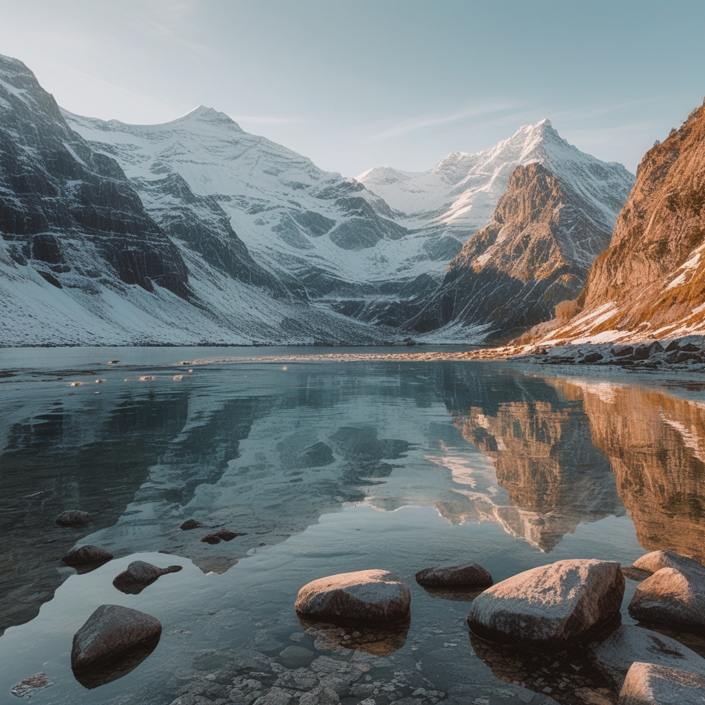Lac de montagne au petit matin avec reflets parfaits des sommets enneigés sur l'eau immobile, symbolisant l'équilibre et la sérénité de la relation entre le corps et son environnement