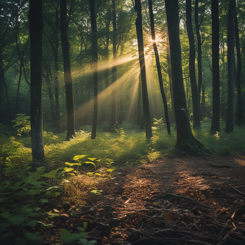 Forêt dense avec rayons de lumière filtrant à travers les arbres, créant une atmosphère de calme profond et d'équilibre naturel