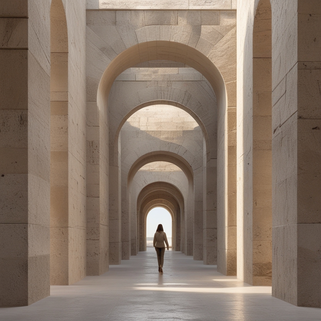Couloir architectural aux lignes droites et symétriques avec matériaux nobles pierre et béton, illustrant les principes de structure verticale et d'alignement géométrique
